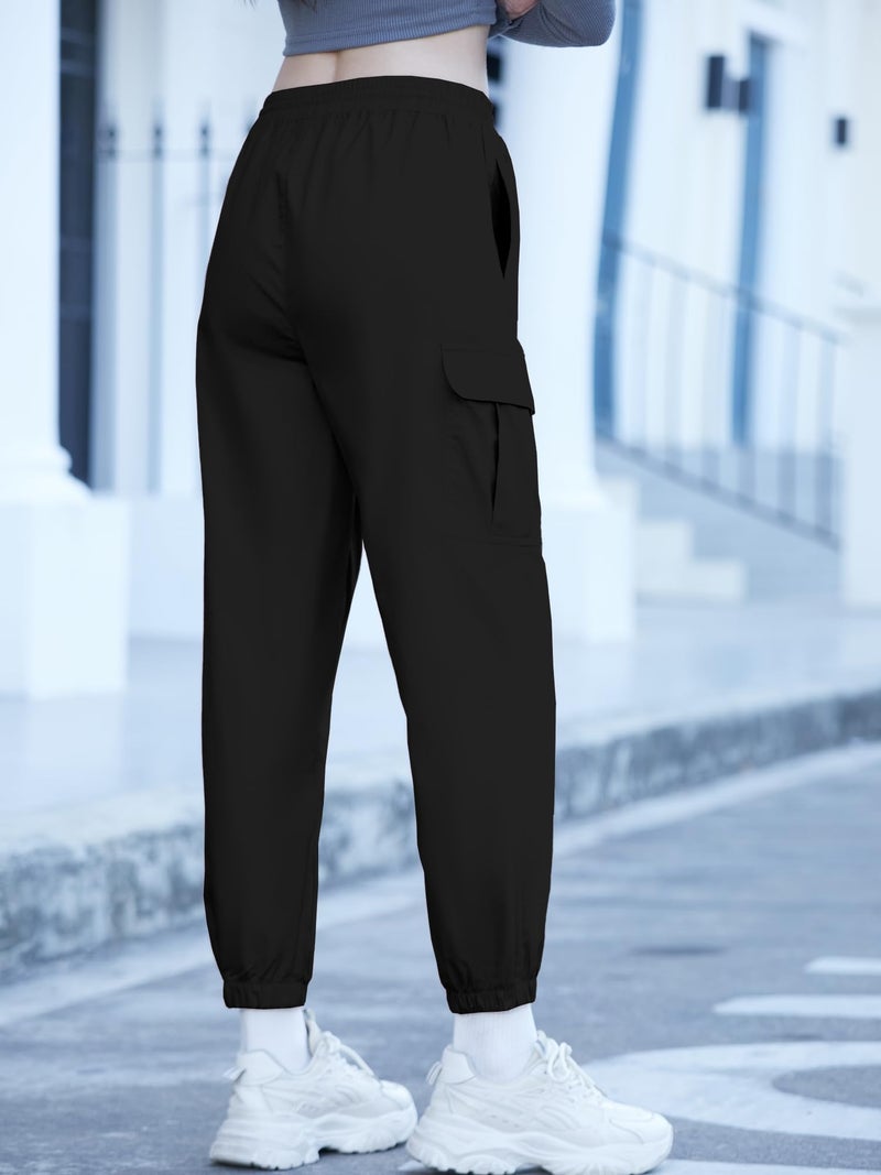 SANGTREE Girls Cargo Pants, Elastic Waist Drawstring Loose Tapered Multi Pockets Cargo Jogger Pants for Girl, Black, 9-10 Years Big Kid = Tag 150 - Image 4